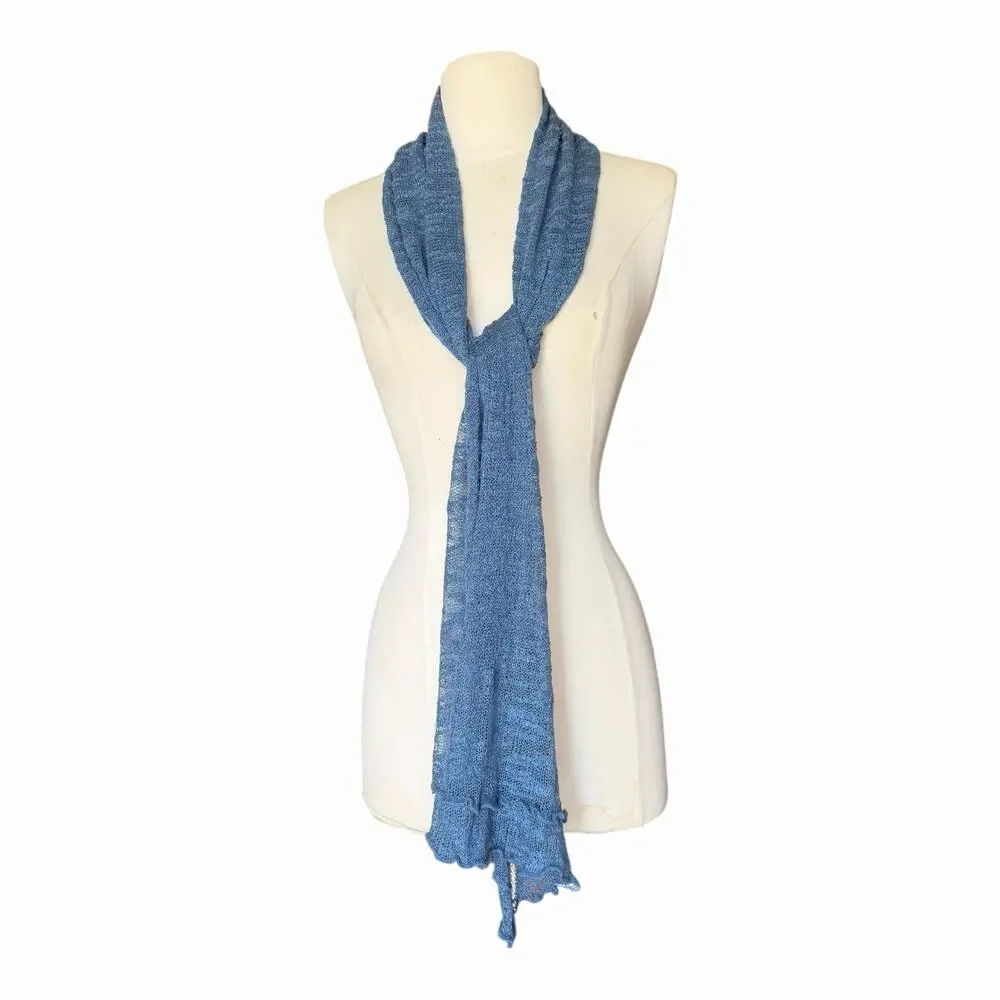 Vintage Blue Handwoven Silk Scarf Lightweight Open Weave Wrap Artisan Scarf